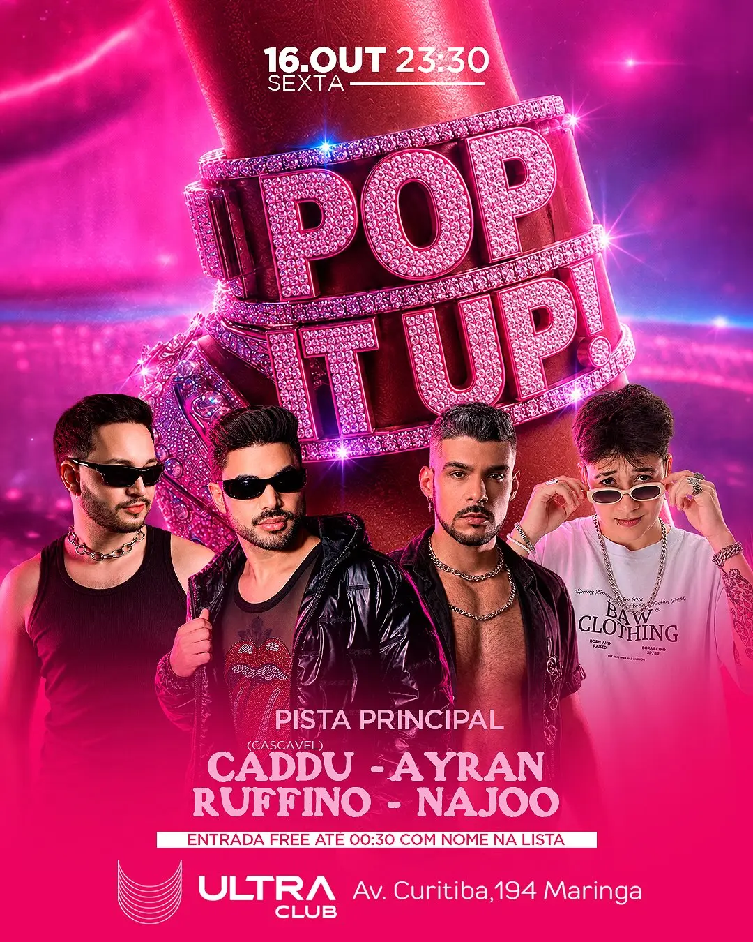 Flyer de Najoo, Ayran Vinicius, Jhonatan Ruffino e DJ Caddu