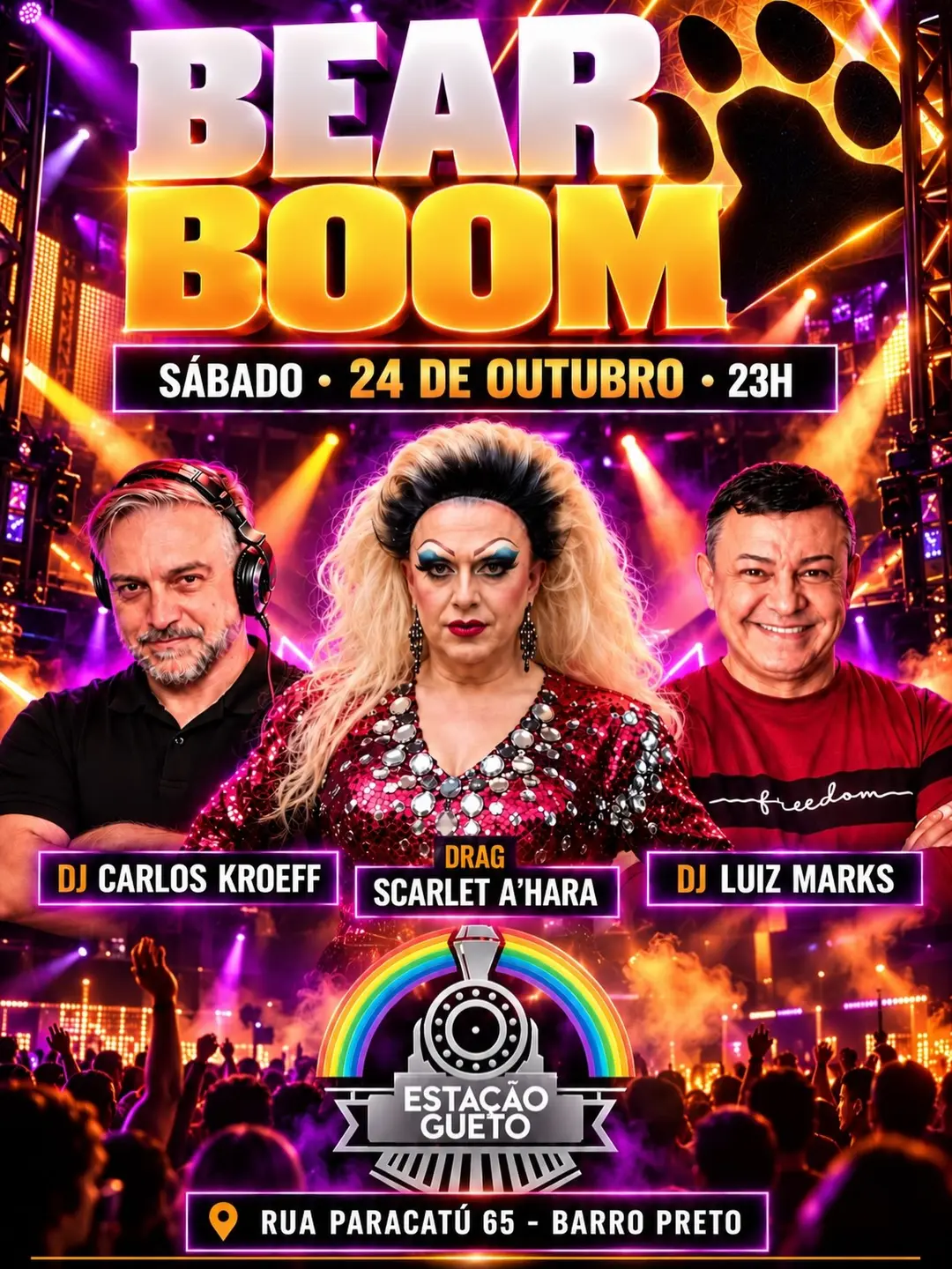 Flyer de DJ Luiz Marks, DJ CARLOS KROEFF e SCARLETT A’HARA
