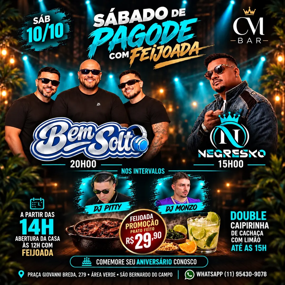 Flyer de Grupo Bem Solto, Pagode do Negresko e DJs Pitty e Monzo