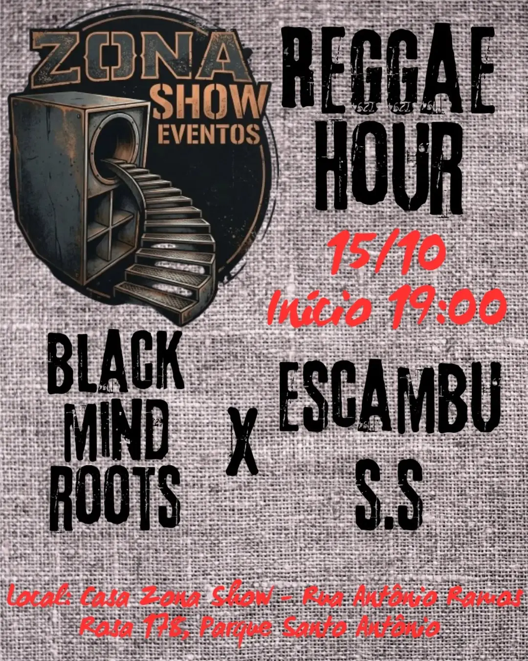 Flyer de Escambu Soundsystem, Kagnew Sounds e Black Mind Roots
