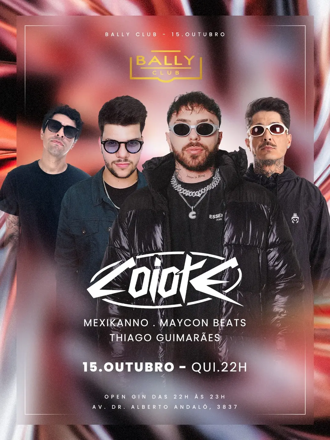 Flyer de Thiago Guimarães, DJ Coiote, Mexikanno e Maycon Beats