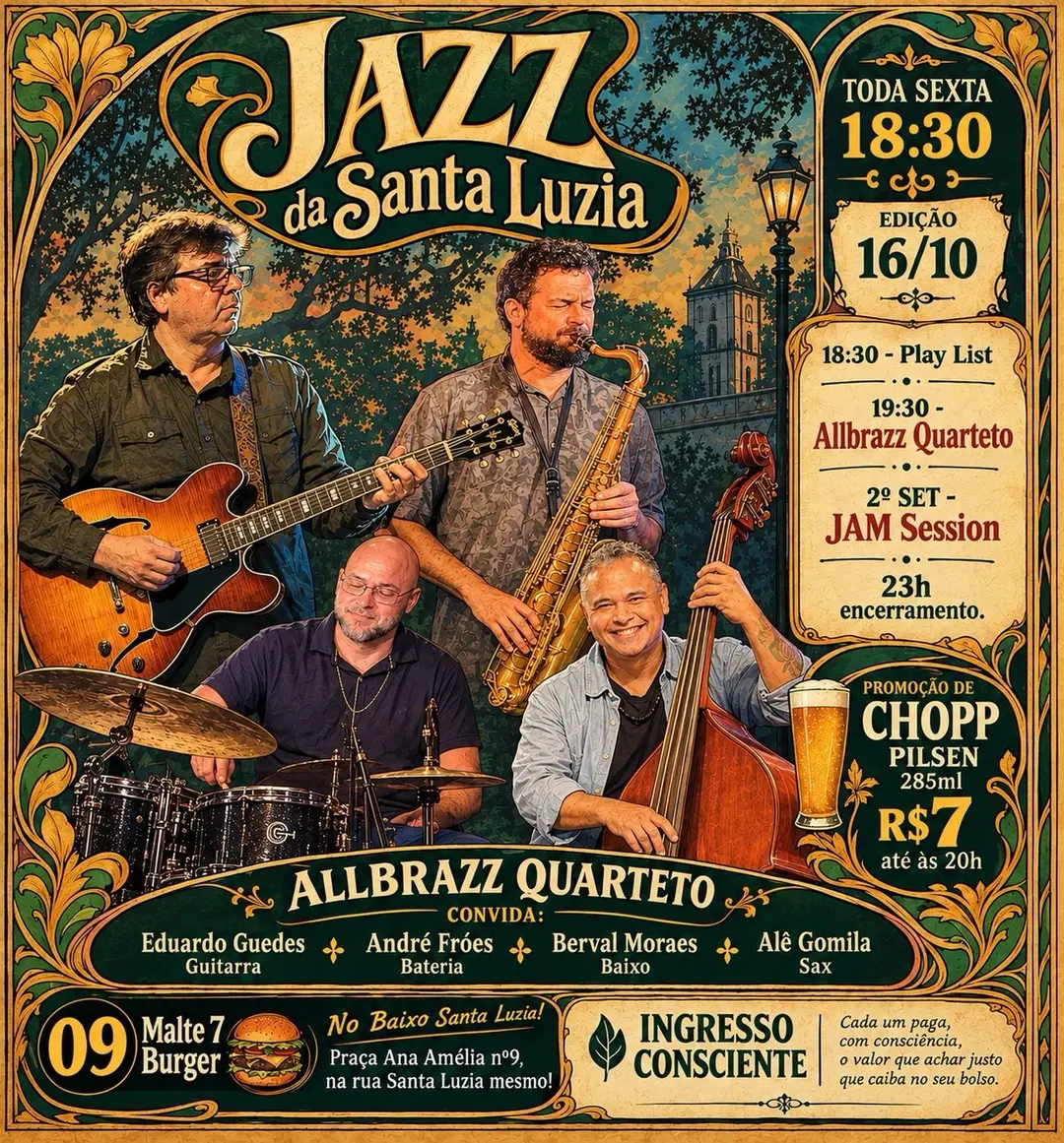 Flyer de Allbrazz Quarteto, Alê Gomila e mais 3 artistas