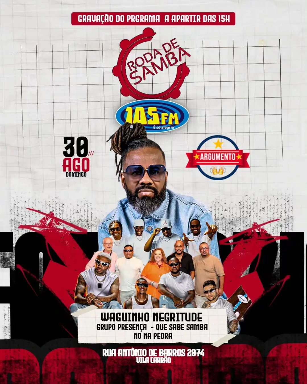 Flyer de Quem Sabe Samba, Nó na Pedra e mais 3 artistas