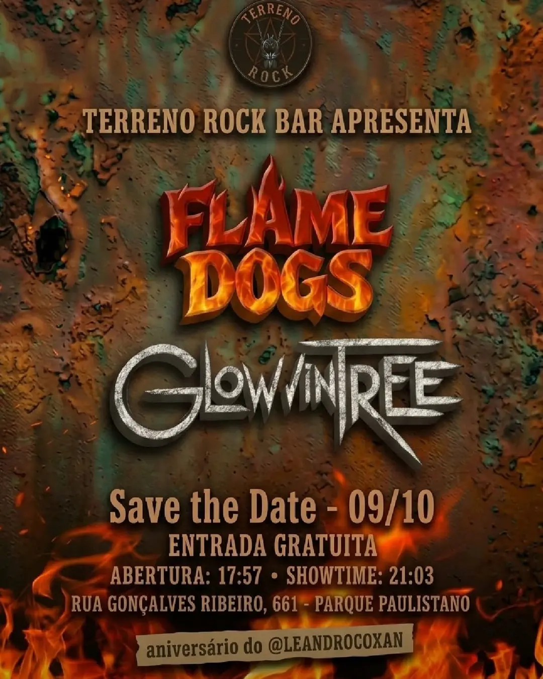 Flyer de Glowing Tree, Flame Dogs e GT Band