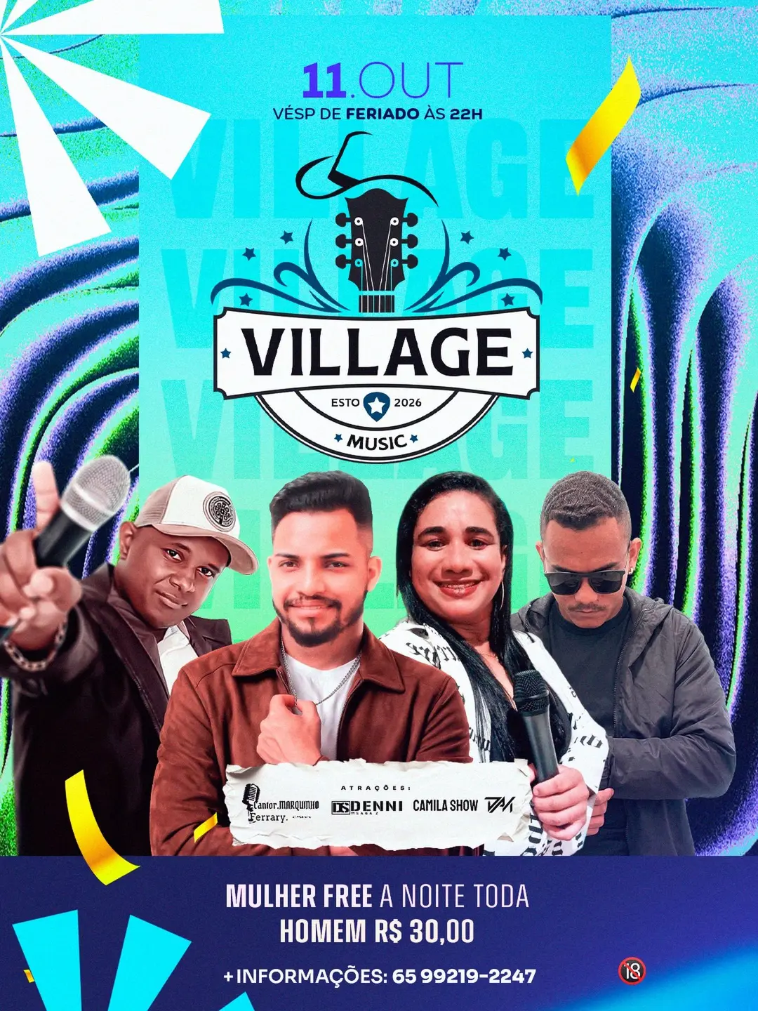 Flyer de Cantor Marquinho Ferrary, Denni Sagaz e mais 2 artistas