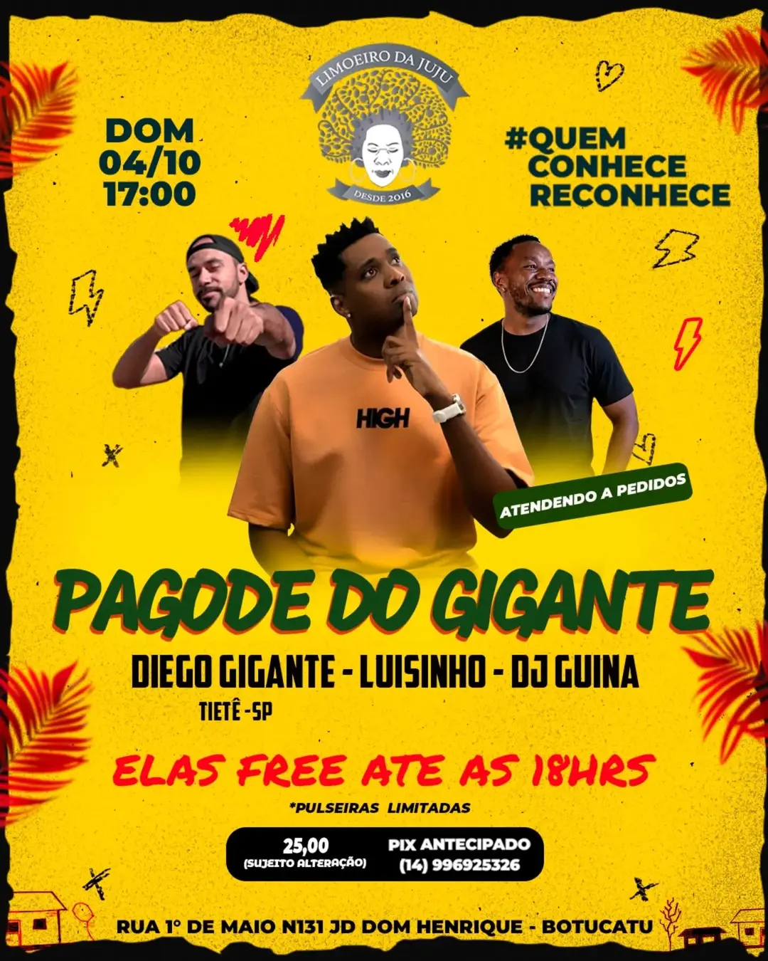 Flyer de Diego Gigante, Luisinho e DJ Guina