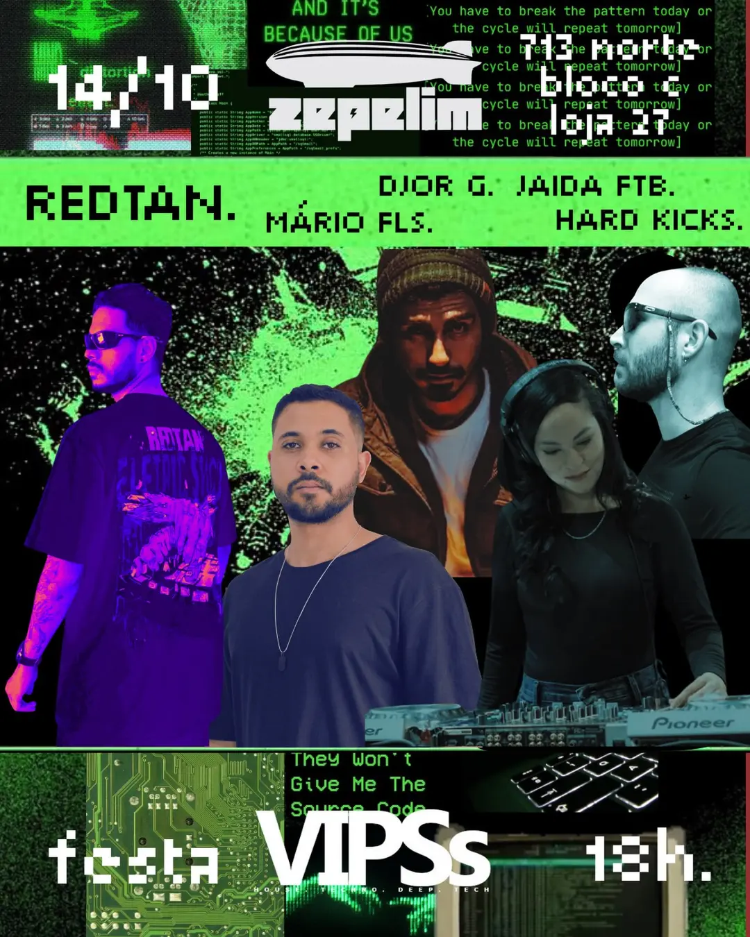 Flyer de Mario FLS, Hard Kicks, RedTan e mais 2 artistas