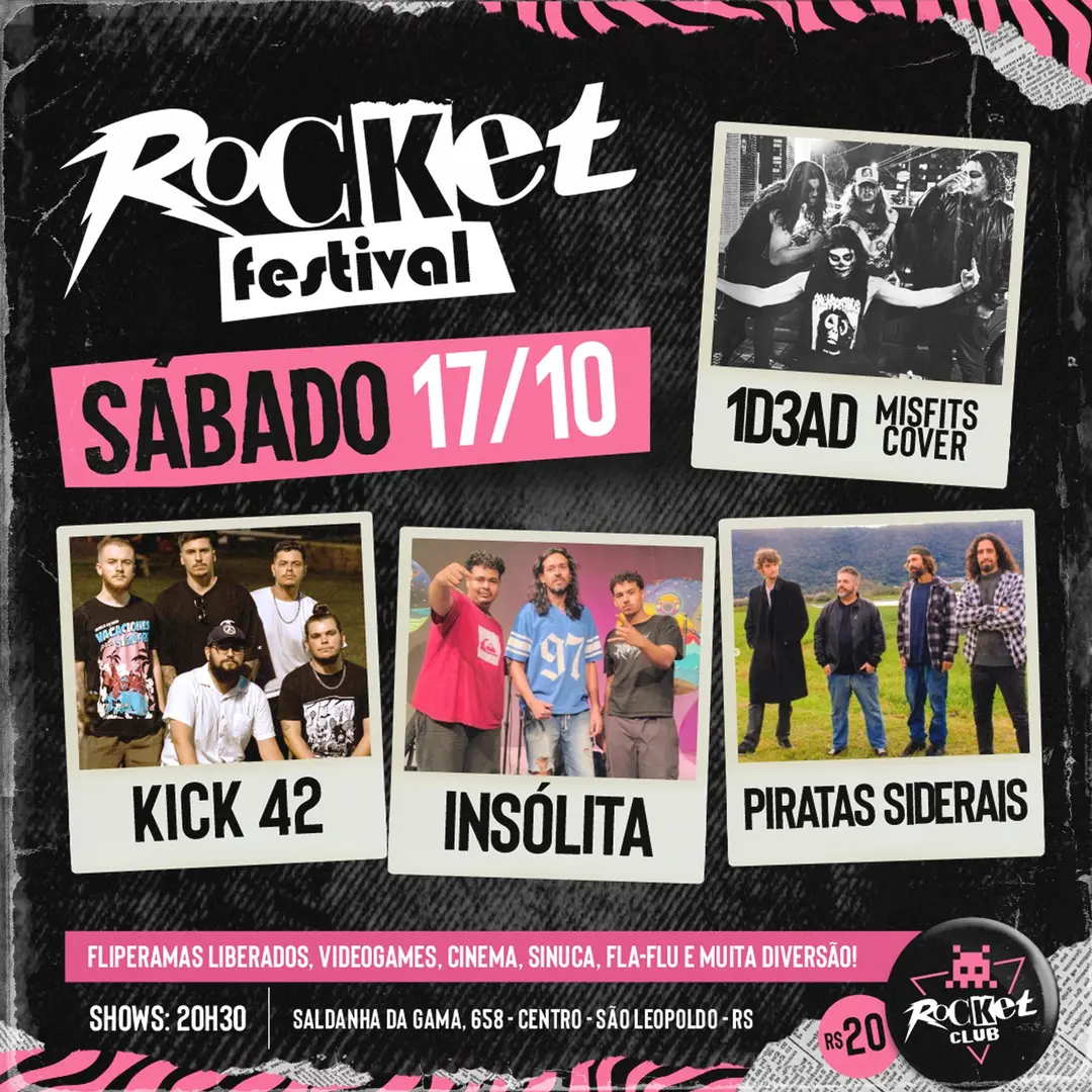 Flyer de 1D3ad, Banda Insolita, Piratas Siderais e Banda Kick 42