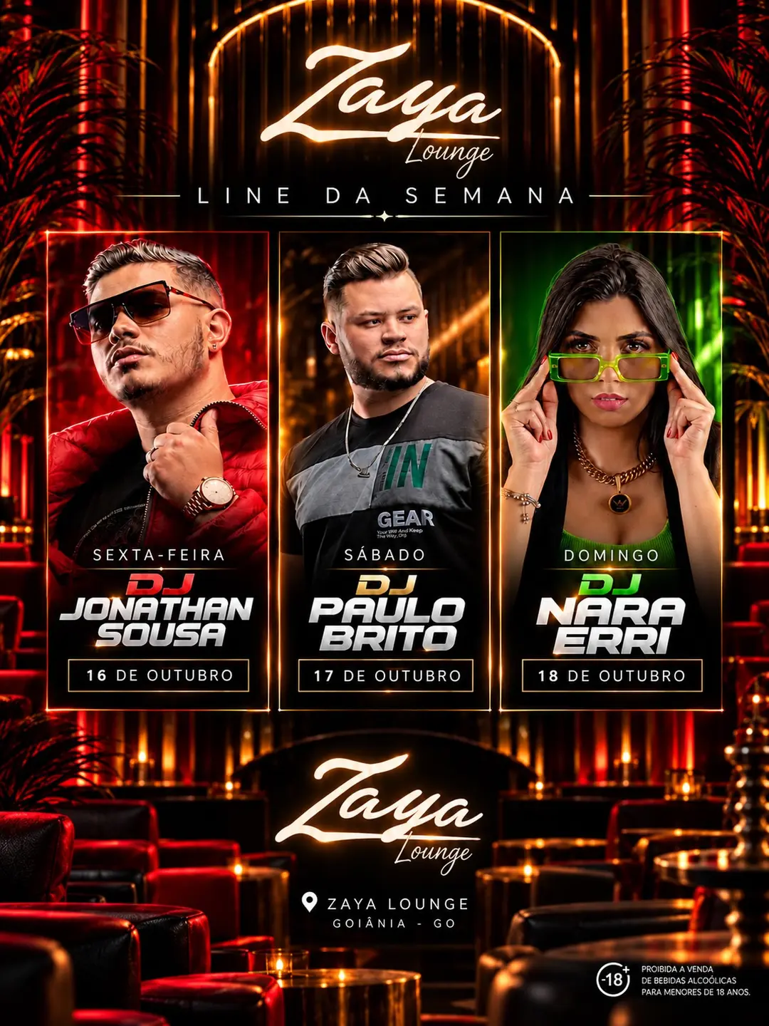 Flyer de Jonathan Sousa, DJ Paulo Brito e DJ Nara Erri