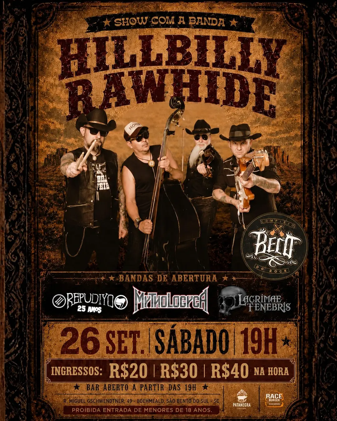 Flyer de Hillbilly Rawhide, Mythologyca e mais 3 artistas