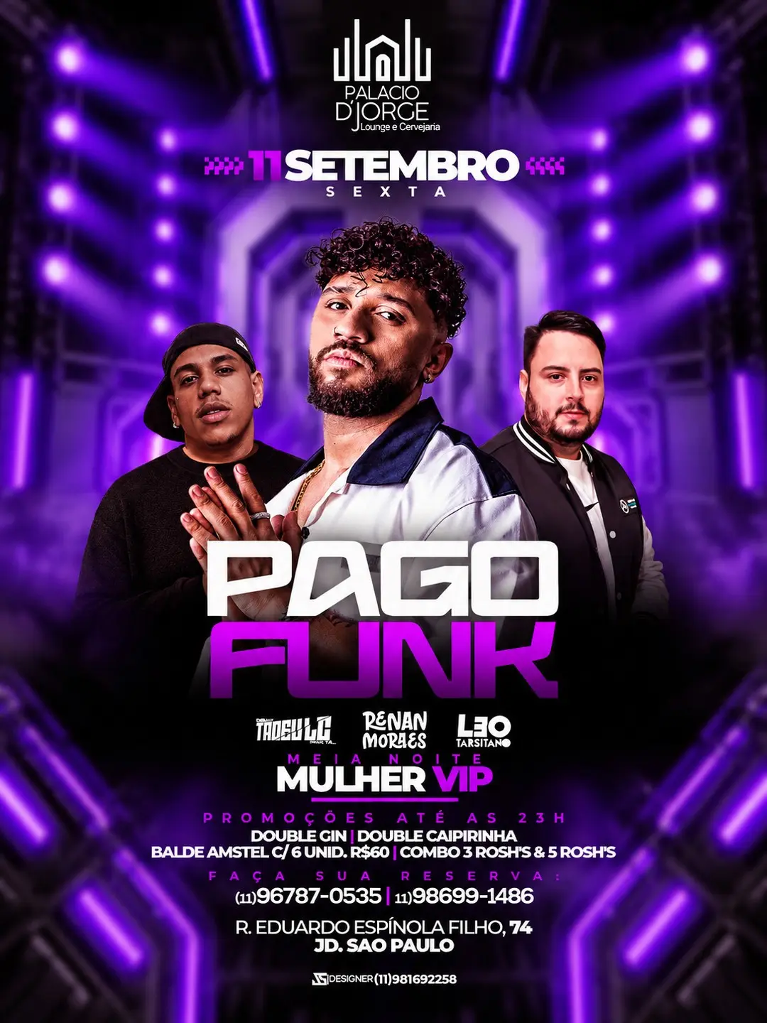 Flyer de Renan Moraes, DJ Tadeu e Léo Tarsitano