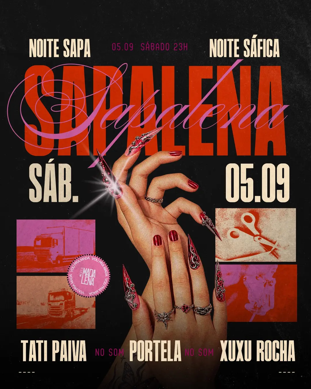 Flyer de DJ Tati Paiva, Canário, Xuxu Rocha e mais 3 artistas
