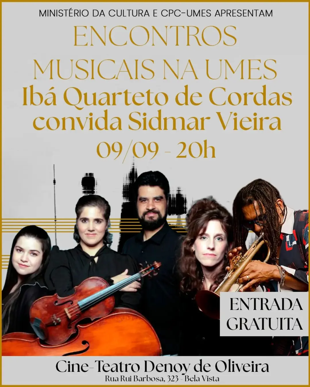 Flyer de Sidmar Vieira, Ibá Quarteto e Tom & Chico