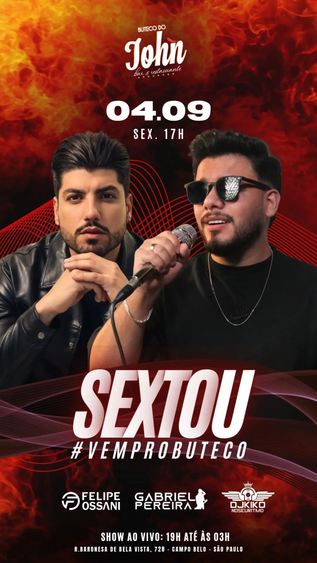 Flyer de Felipe Ossani, Gabriel Pereira e DJ Kiko