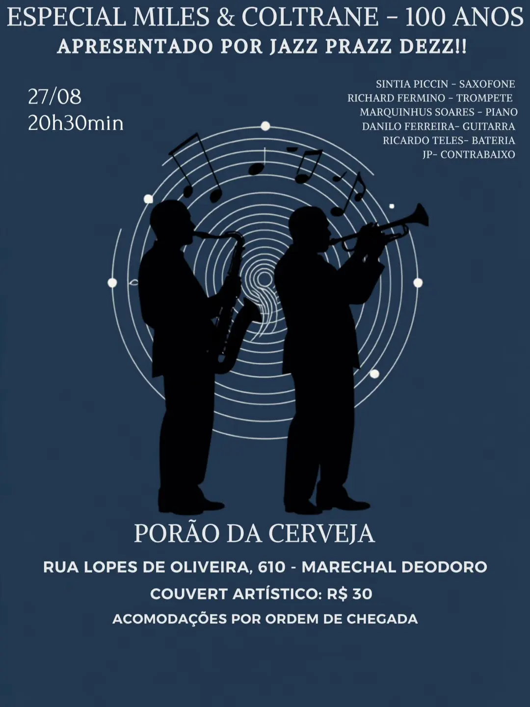 Flyer de JP Bass, Jazz Prazz Dezz e Be Jazz Instrumental