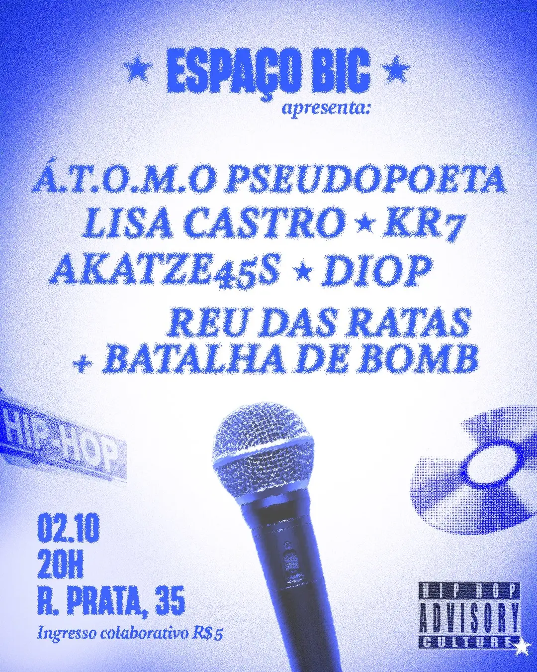 Flyer de Átomo Pseudopoeta, Lisa Castro e mais 4 artistas