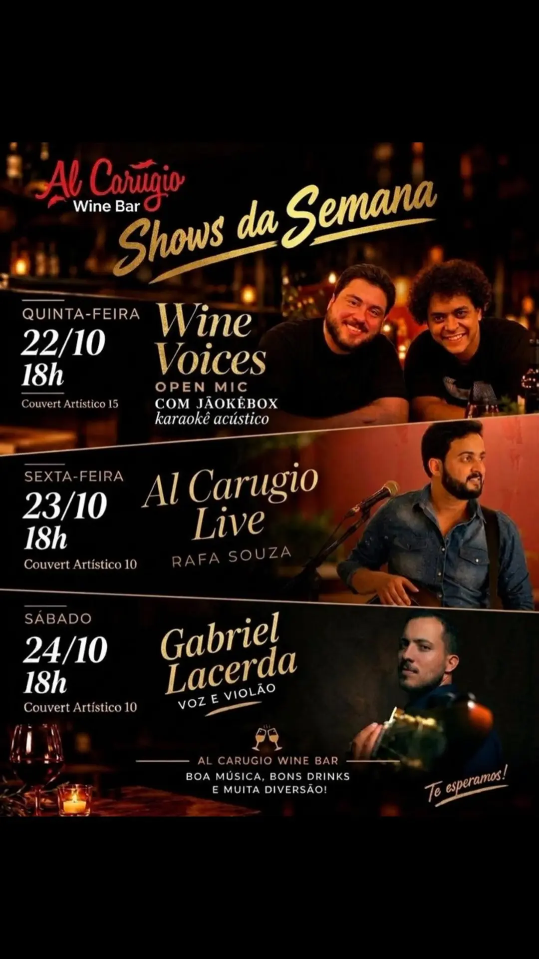 Flyer de Wine Voices, Jãokebox, Rafa Souza e Gabriel Lacerda