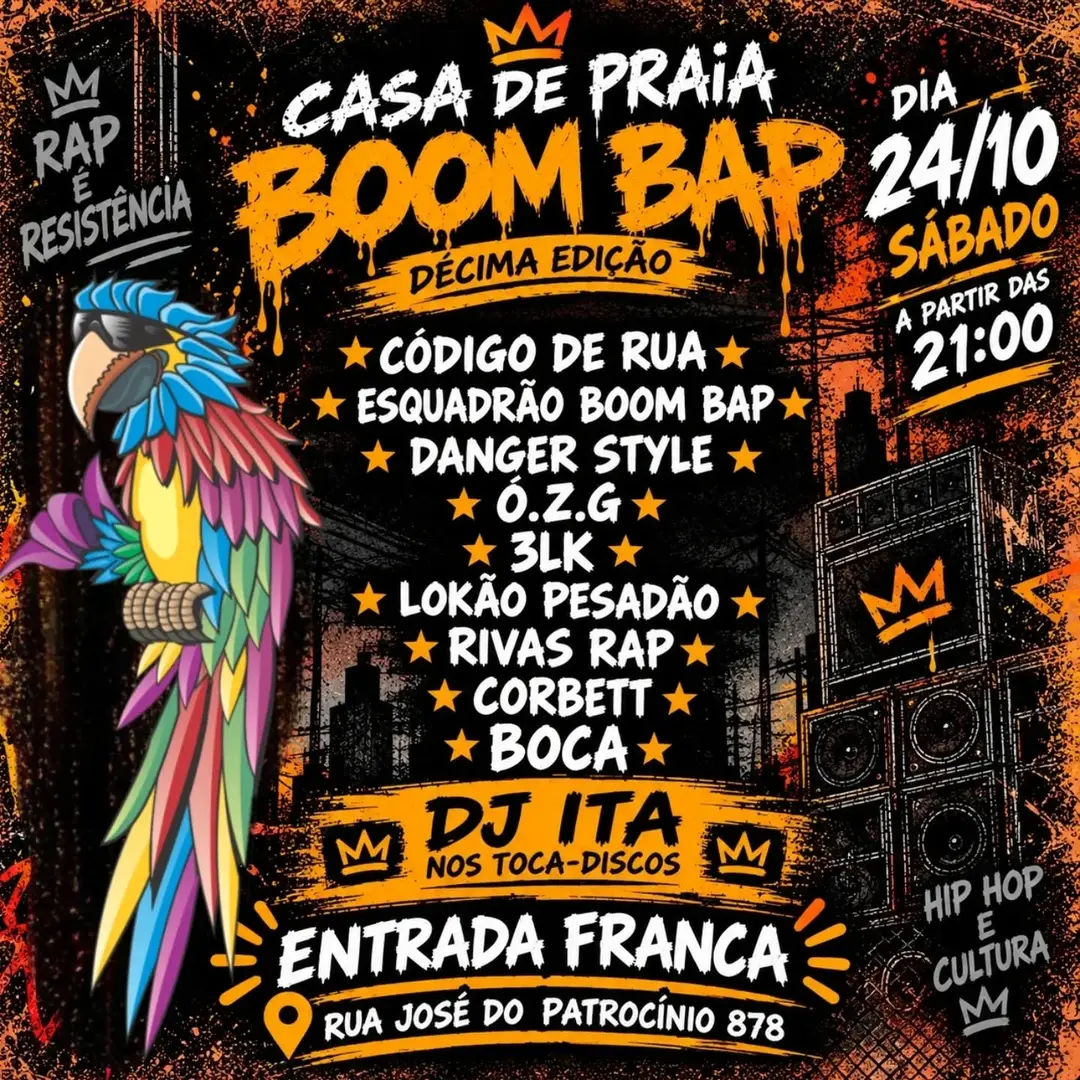 Flyer de Código de Rua, Esquadrão Boom Bap e mais 7 artistas