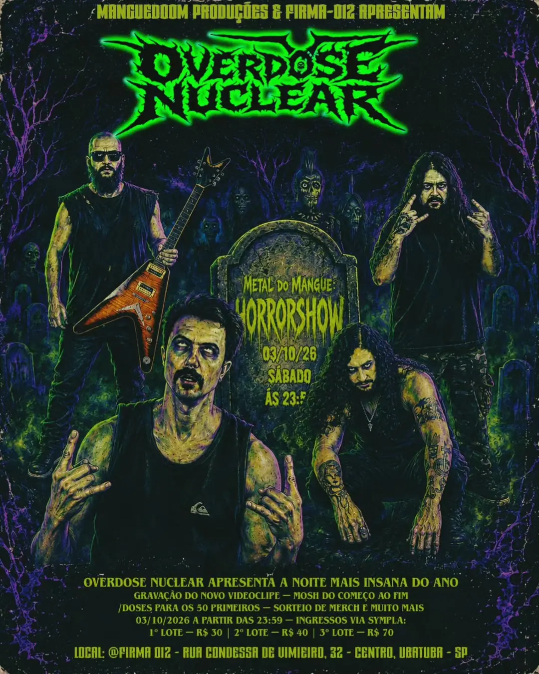 Flyer de Overdose Nuclear, Banda Confinados e Metal do Mangue