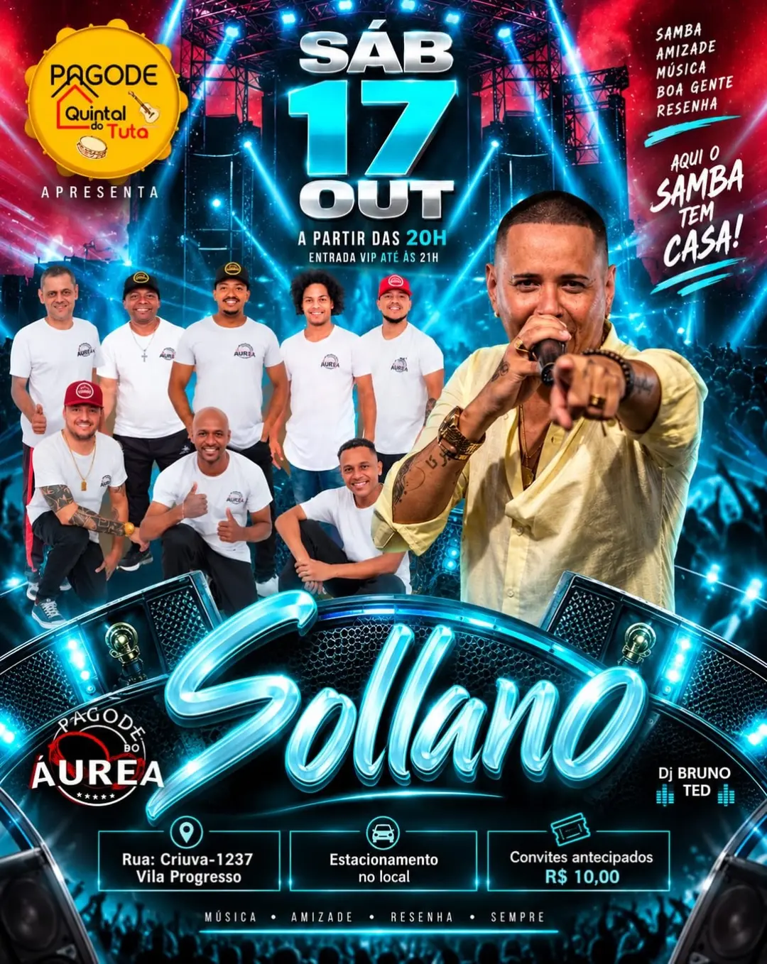 Flyer de Pagode do Áurea Oficial, Sollano e Dj Bruno Ted