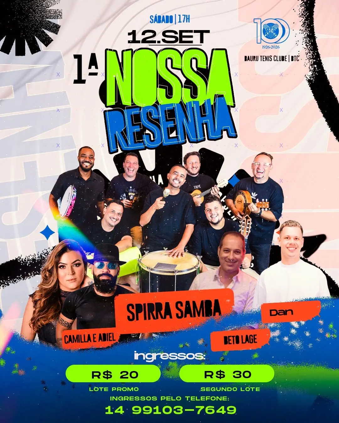Flyer de Spirra Samba, Camilla e Adiel, Dan e mais 9 artistas