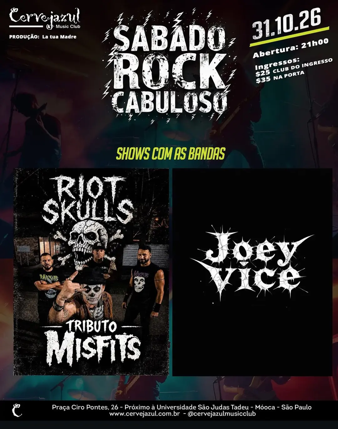 Flyer de Riot Skulls, JOEY VICE e SINFONIA CAOS