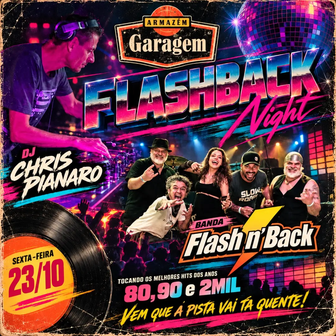 Flyer de Banda Flash n Back e DJ Chris Pianaro