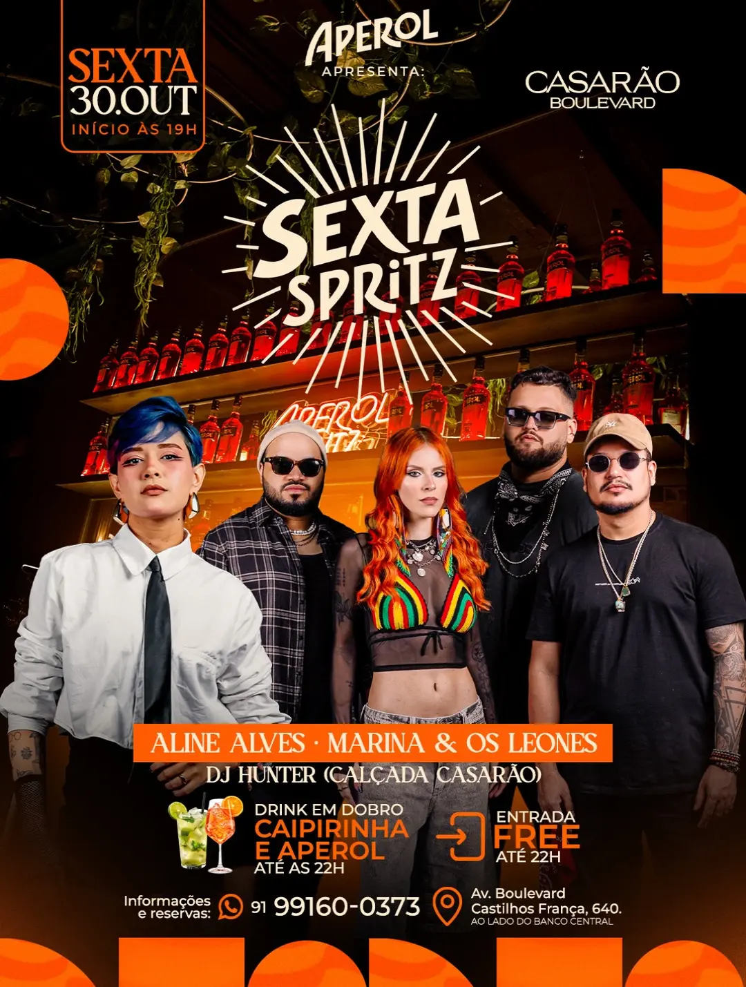 Flyer de Marina & Os Leones, DJ Hunter e Aline Alves