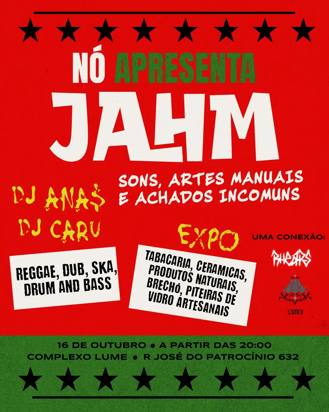 Flyer de DJ Anas, Caru, RHEAPS e JAHM
