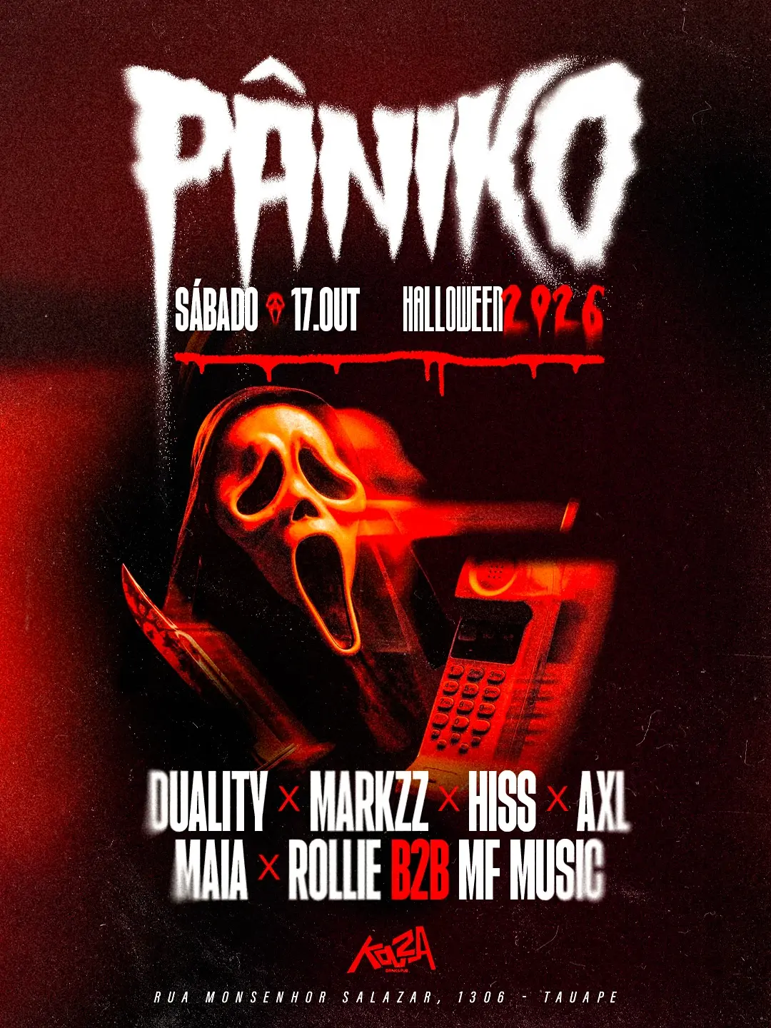 Flyer de Duality, Markzz, Hiss, AXL, Maia e Rollie B2B MF Music