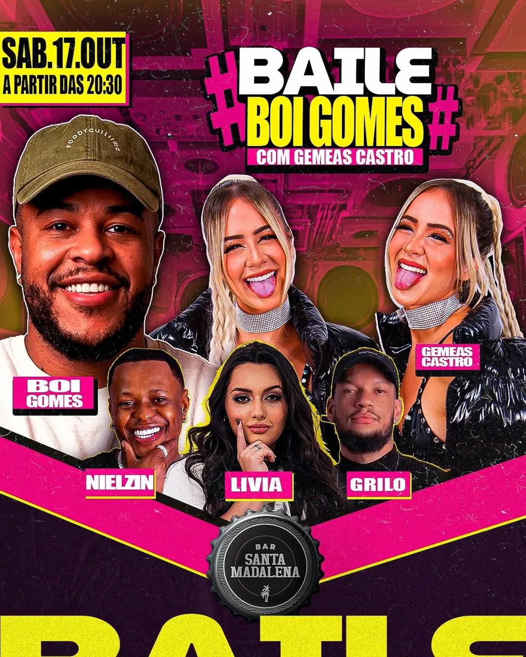 Flyer de Boi Gomes, Gêmeas Castro, Nielzin e mais 4 artistas