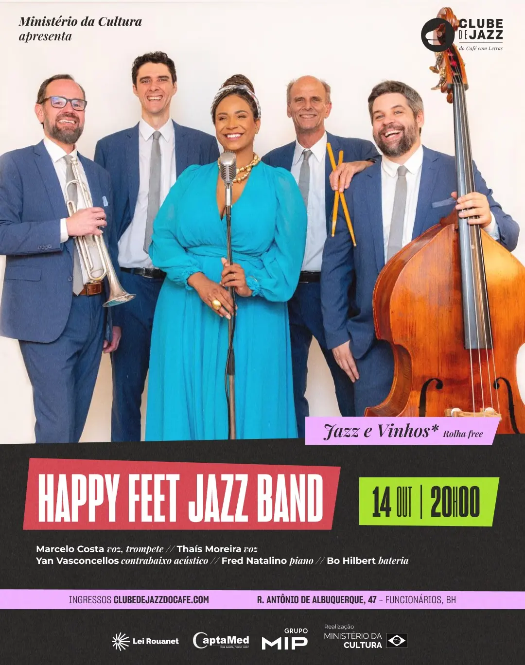 Flyer de Happy Feet Jazz Band, Marcelo Costa e mais 4 artistas