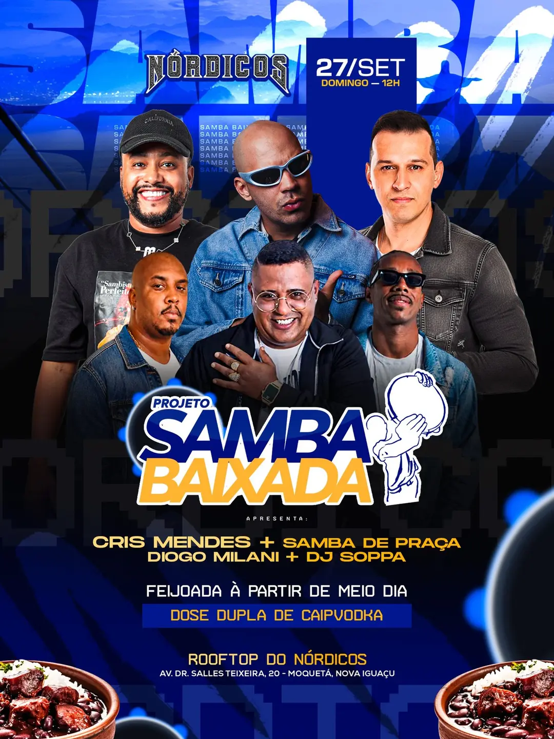 Flyer de DJ Soppa, Cris Mendes, Samba de Praça e Diogo Milani