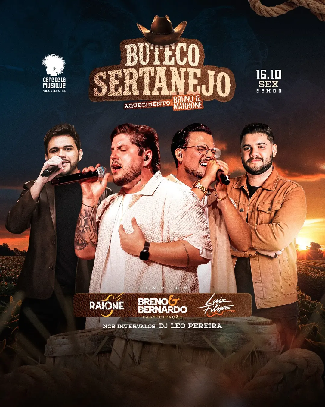 Flyer de Breno e Bernardo, Raionê, Luiz Filipe e DJ Léo Pereira