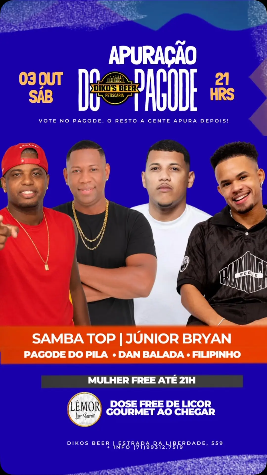 Flyer de Samba Top, Pagode do Pila, Dan Balada e Filpinho