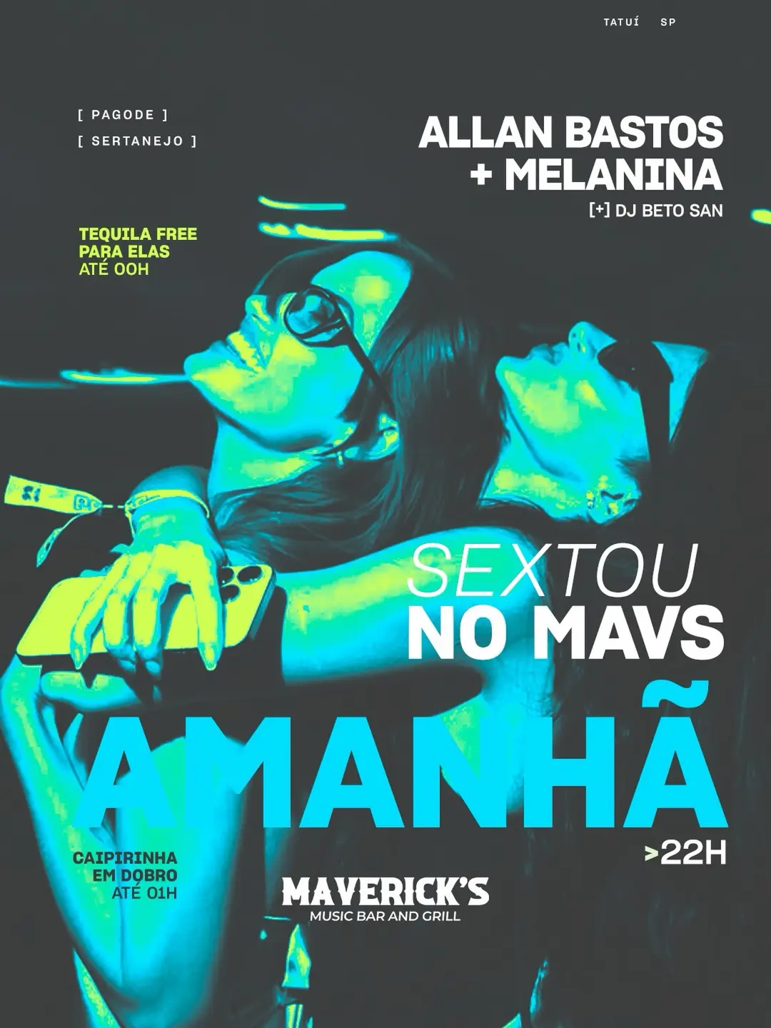 Flyer de Allan Bastos, Melaninna e DJ Beto San