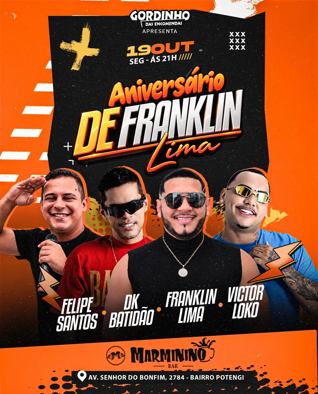 Flyer de Felipe Santos, DK Batidão, Franklin Lima e Victor Loko