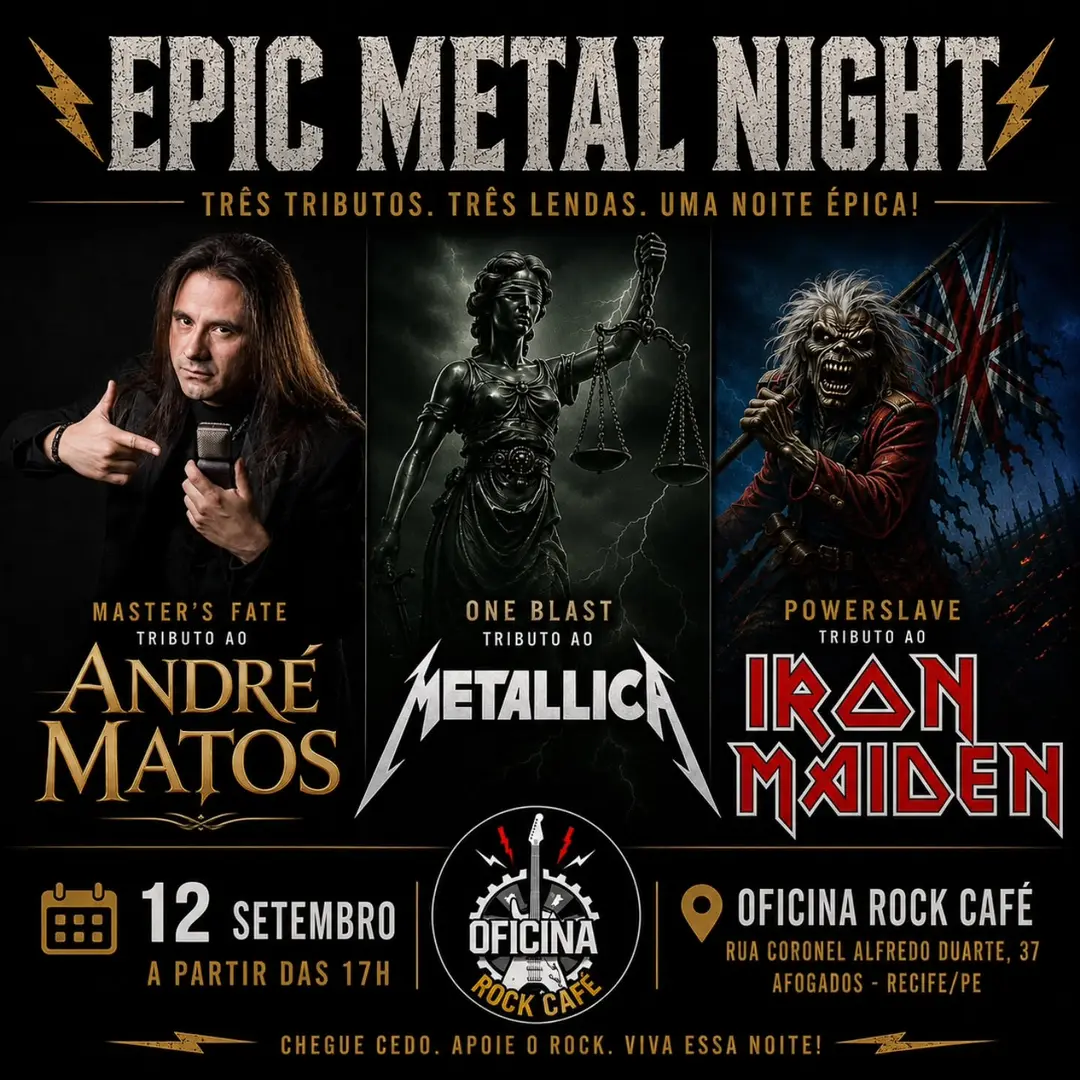 Flyer de Powerslave, EPIC METAL NIGHT, One Blast e Master's Fate