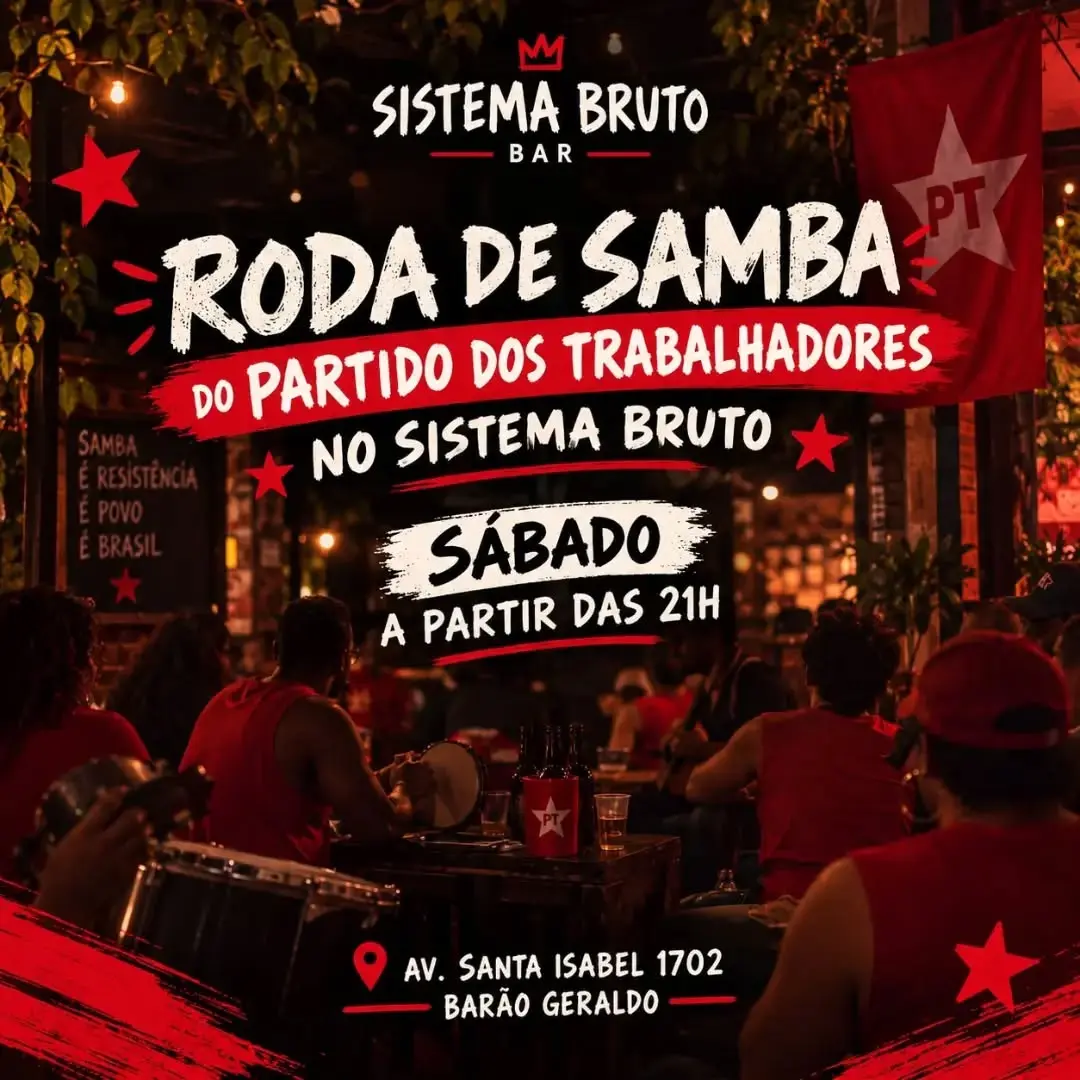 Flyer de Roda de Samba do Partido dos Trabalhadores