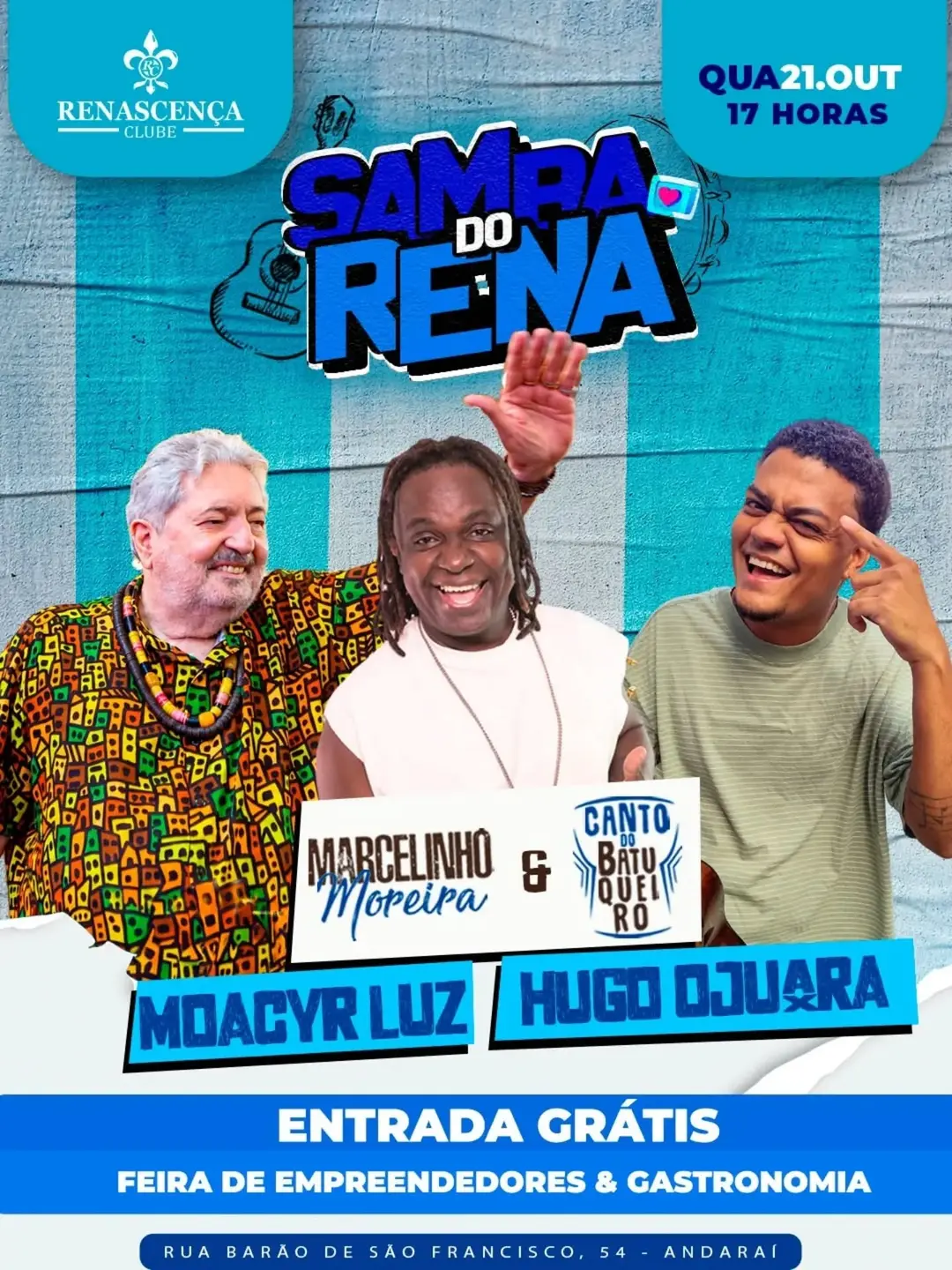 Flyer de Samba do Rena, Moacyr Luz e Hugo Ojuara