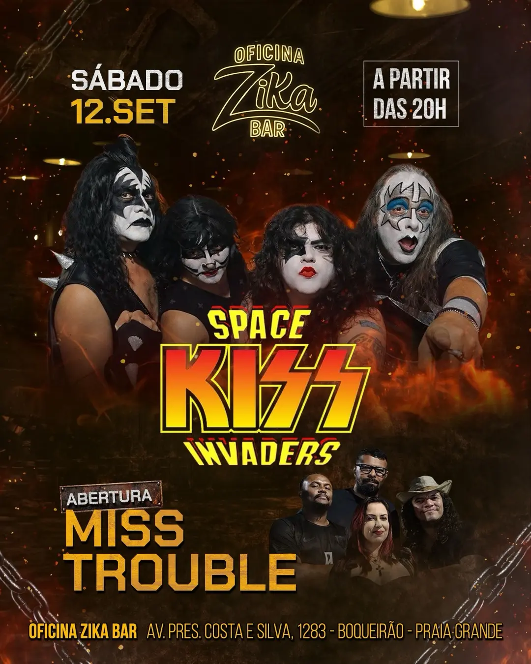 Flyer de Miss Trouble, Space Kiss Invaders e mais 1 artista