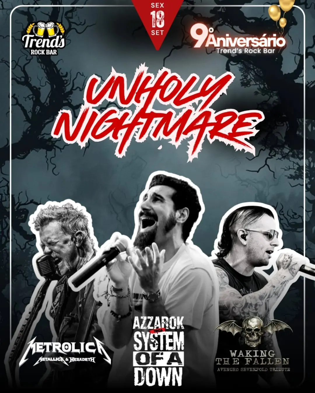 Flyer de Metrolica, Waking the Fallen, Azzarok e mais 3 artistas