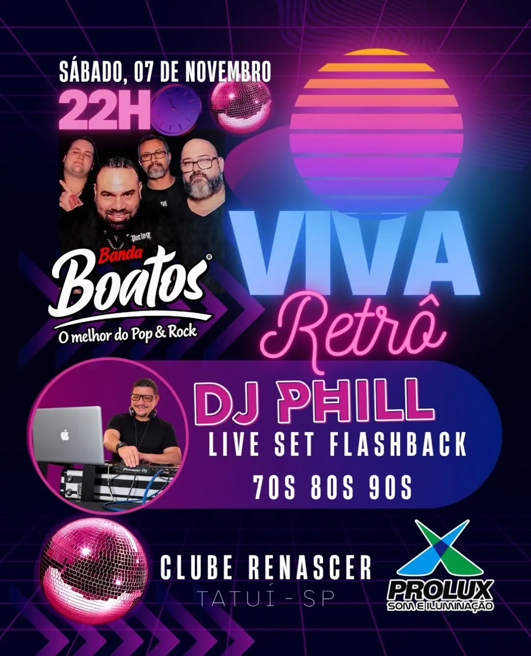 Flyer de Dj Phill, Banda Boatos, Old Stop e Prolux