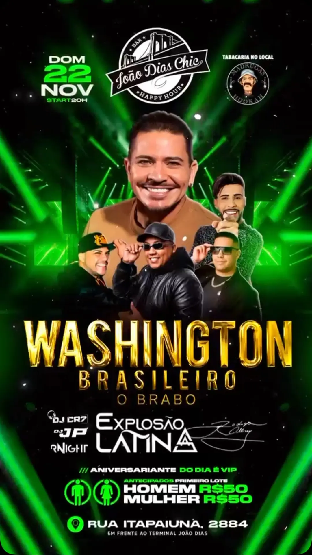 Flyer de Washington Brasileiro e Banda Explosão Latina