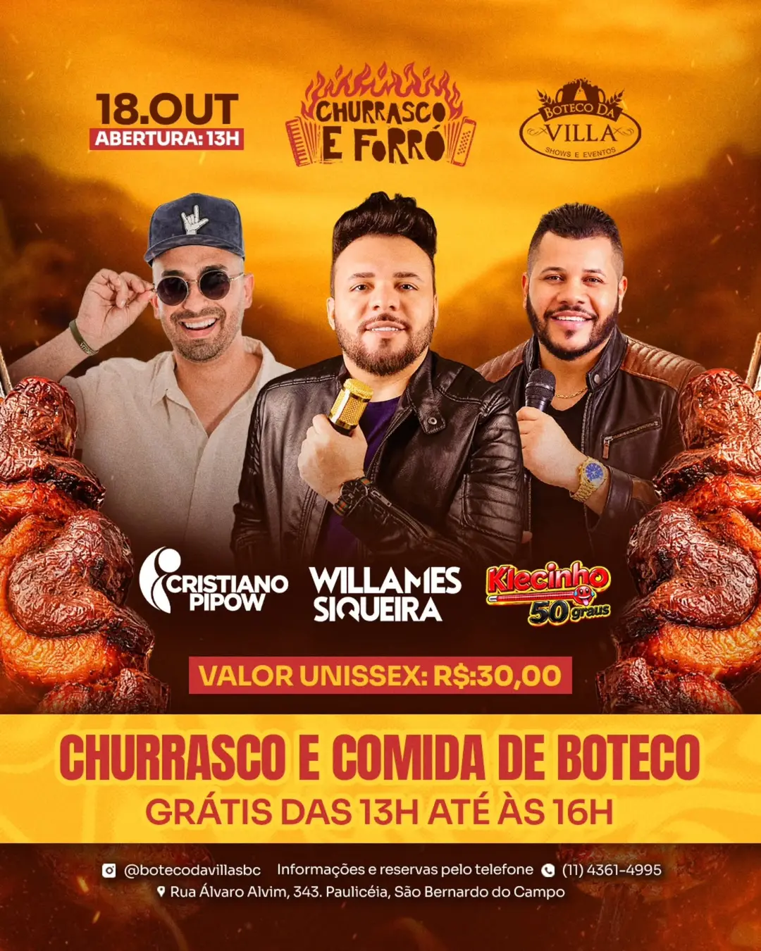 Flyer de Cristiano Pipow, Willianes Siqueira e Klecinho 50 Graus