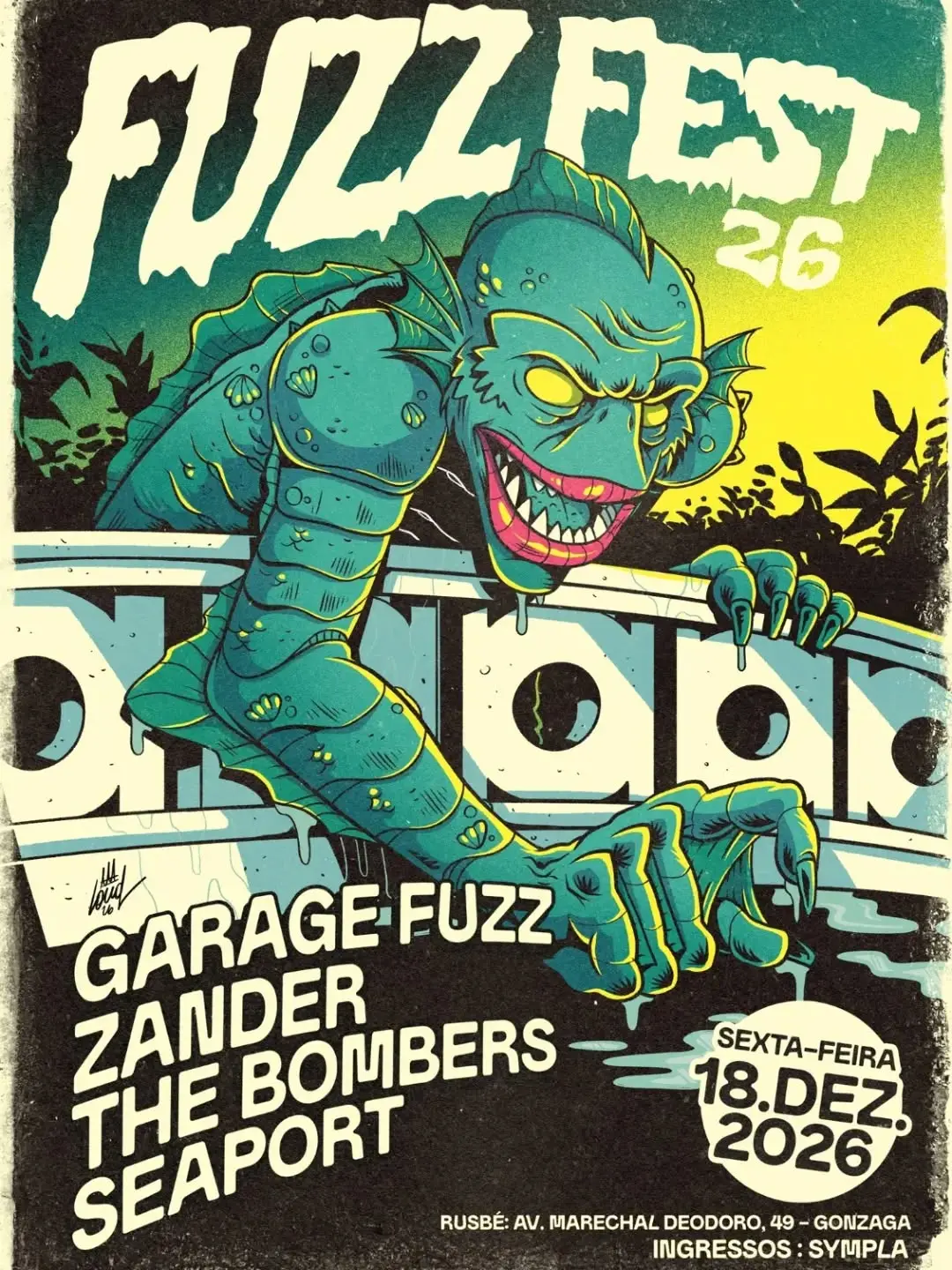 Flyer de Garage Fuzz, Zander, The Bombers e Seaport