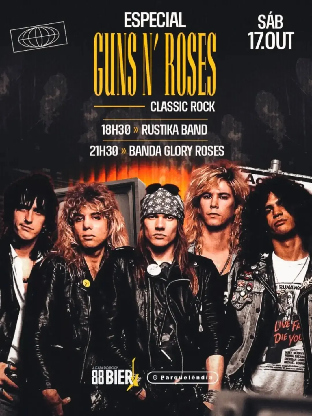 Flyer de Guns N' Roses Cover, Rustika, PJ e mais 2 artistas
