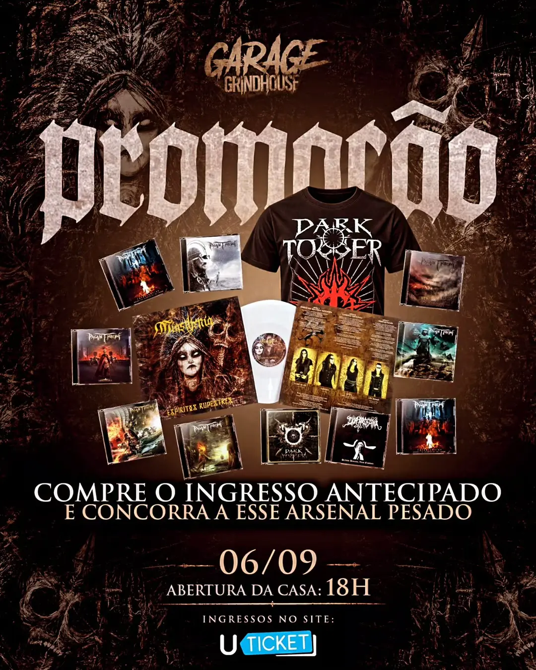 Flyer de Pagan Throne, Miasthenia, DarkTower e mais 4 artistas
