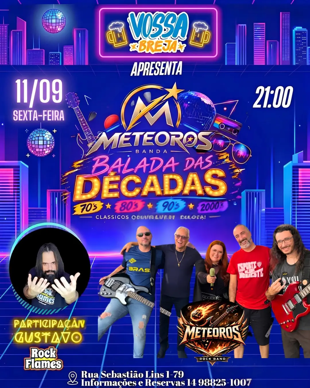 Flyer de Meteoros, Rock Flames e Gustavo da Banda Rock Flames