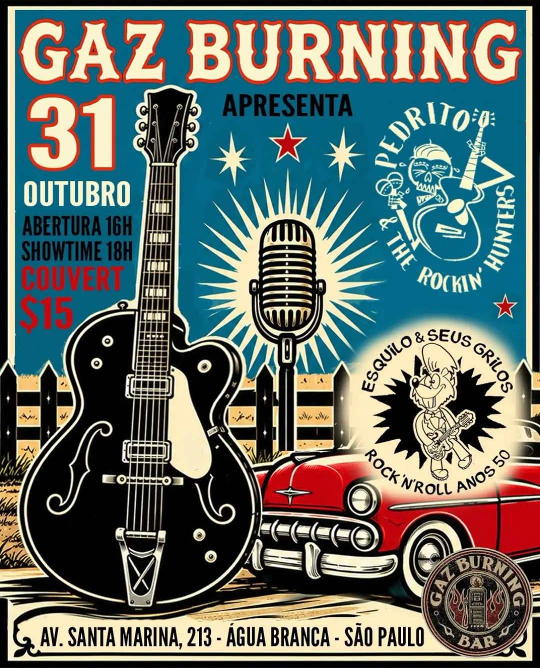 Flyer de Pedrito & The Rockin' Hunters e Esquilo e Seus Grilos